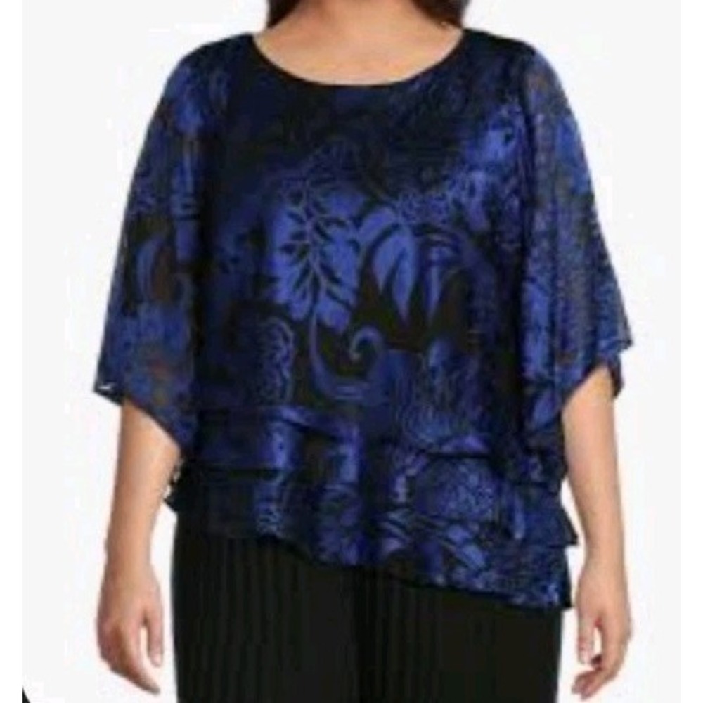 Alex Evenings Floral Ruffle Blouse 1X Blue Black 3/4 Sleeve FLAWED SMALL HOLE
